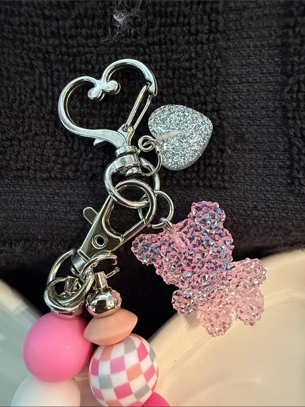 Pink Beaded Teddy Keychain & Card Holder Charm